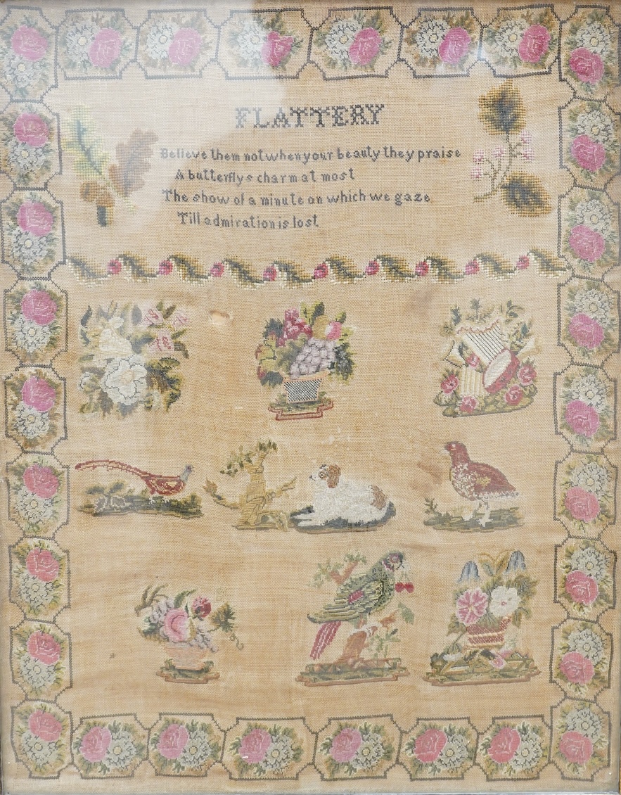 A 19th century finely embroidered sampler. FLATTERY the title to the verse beneath, then below motifs of birds, flowers and a dog, within a wide rose and floral border, 41cm x 51cm. Condition - some staining to backgroun